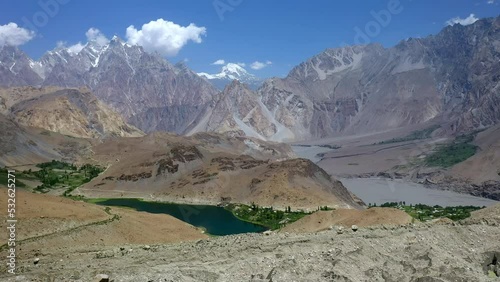 Wide drone shot of Passu Cones  Pakistan, cinematic wide panning and rising aerial shot photo