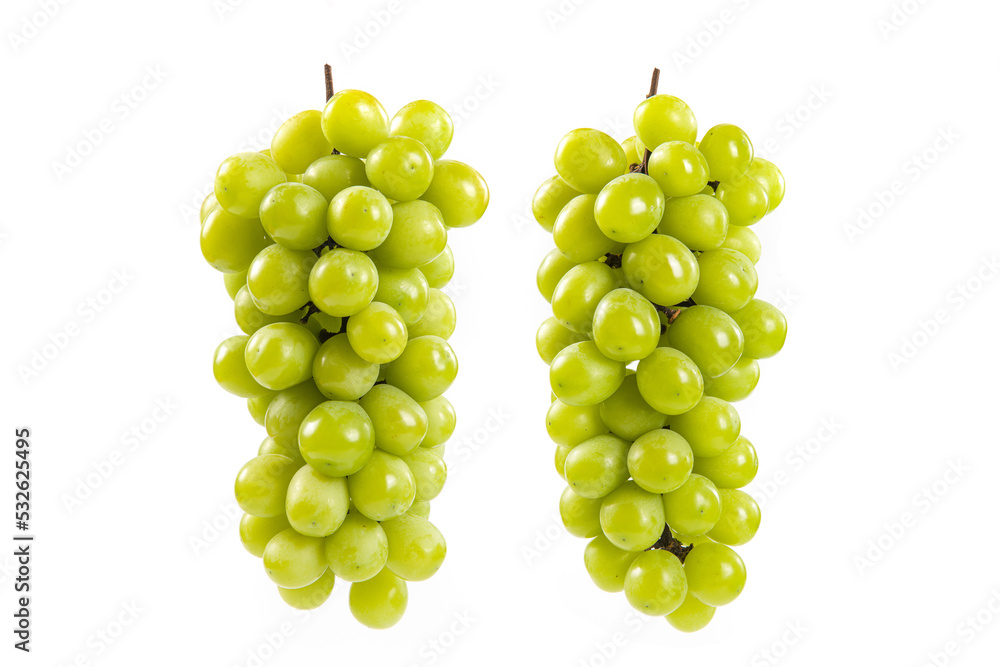 two bunch of fresh green Shine Muscat grape isolated on white background two bunch of fresh green Shine Muscat grape isolated on white background