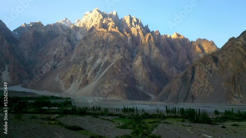 Wide aerial shot of Passu Cones  Pakistan, epic wide panning drone shot photo