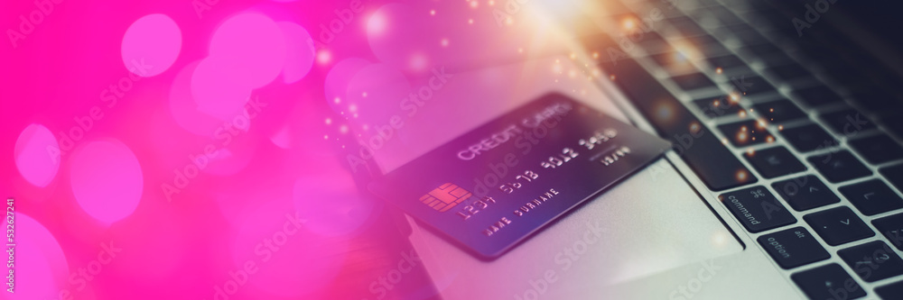 Online shopping, payment at the store, credit card, Laptop, Keyboard, concept Online shopping, payment at the store, credit card, Laptop, Keyboard, concept
