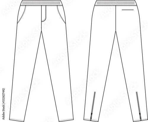 Technical pants, sport pants, sweatpants with zipper behind legs, vector