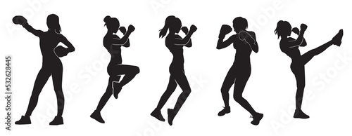 Set of vector illustrations of the boxer woman silhouette in black. woman boxing exercising in a silhouette studio isolated on white background