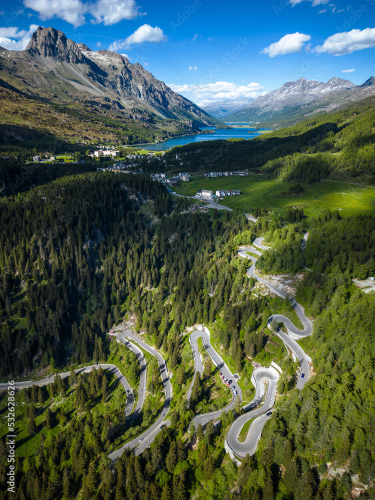 Aerial Image Of Maloja Village And Mountain Pass Road, Engadin, Switzerland - obrazy, fototapety, plakaty 