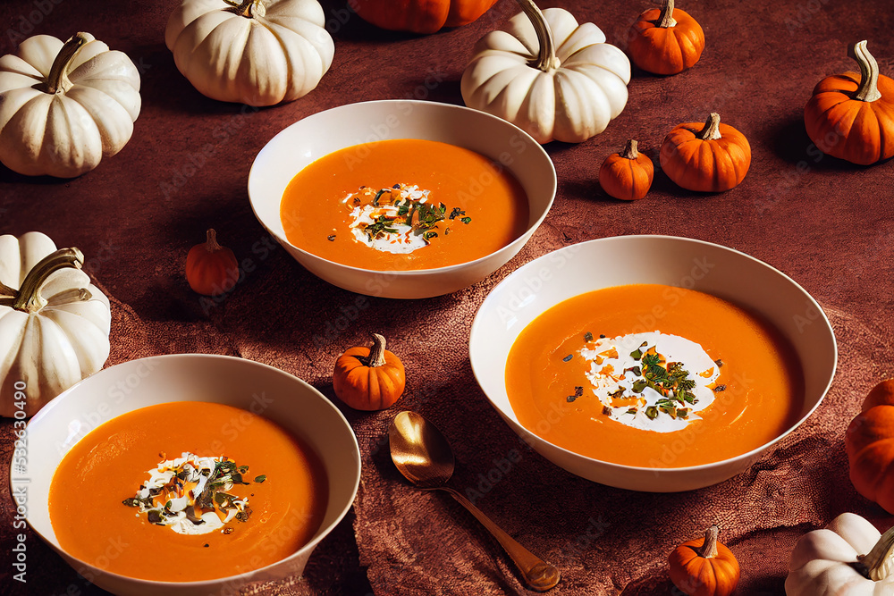 Pumpkin soup, traditional fall meal recipe idea, food photography, illustration Pumpkin soup, traditional fall meal recipe idea, food photography, illustration