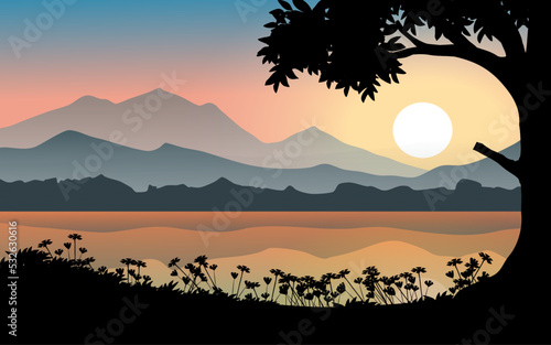 Sunset in forest with lake and mountains