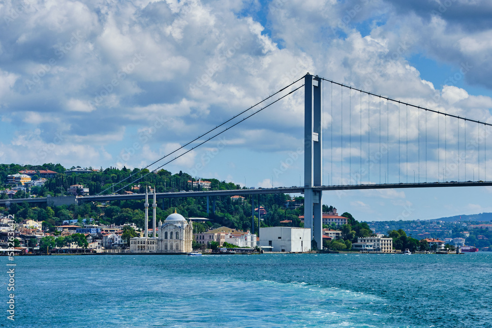 Naklejka premium Mosque Ortakoy and bridge on the shore of the Bosphorus Strait in the Besiktash area in Istanbul