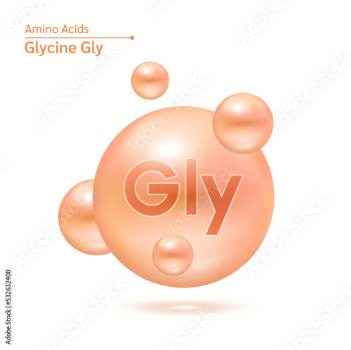 Glycine amino acid capsules vitamins complex minerals. 3D Model of molecule orange isolated on white background. For food supplement ad package design. Science medic concept. Vector EPS10.