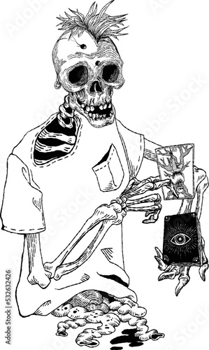 Hipster prophet with hangman tarot card reveals skeleton tattoo shirt design vectors black and white