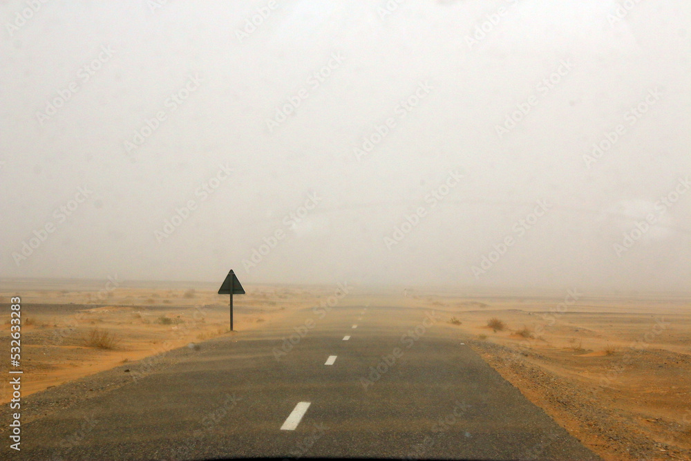 On The Road To Desert Of Sahara - Point Of View By Car - obrazy, fototapety, plakaty 