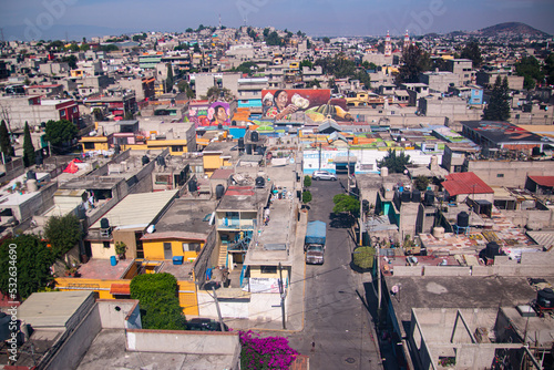 View of the Iztapalapa neighborhood in Mexico City from the Cablebús, an aerial tram, the gondola cable car that is part of the city s public transportation system.