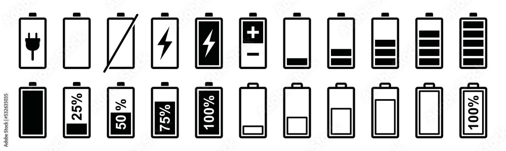Battery icons vector set. Battery charge indicator or level  full, low, percent, plug-in, empty, charging battery energy silhouette icon. - obrazy, fototapety, plakaty 