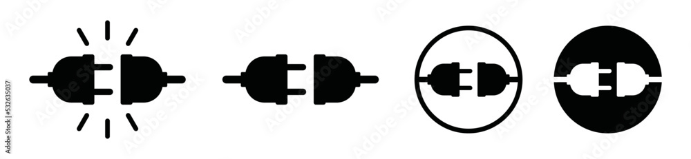 Electric socket with plug power icon vector set. Plug-in or jack power symbol illustration. Connection and disconnection sign or concept of 404 error connection, page not found. Electric socket with plug power icon vector set. Plug-in or jack power symbol illustration. Connection and disconnection sign or concept of 404 error connection, page not found.