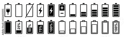 Battery icons vector set. Battery charge indicator or level full, low, percent, plug-in, empty, charging battery energy silhouette icon.