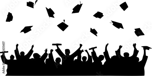 Silhouette of a graduate celebrating graduation by throwing a toga into the air. Graduation illustration full of happiness and pride. The graduate who throws the toga. Editable vector in PNG format