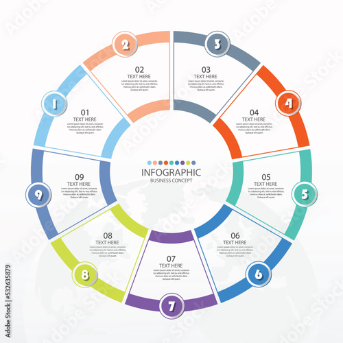 Basic circle infographic with 9 steps, process or options.