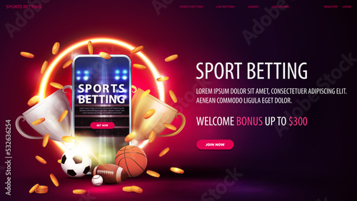 Sports betting, digital red banner with smartphone, champion cups, falling gold coins, sport balls and yellow neon ring on background