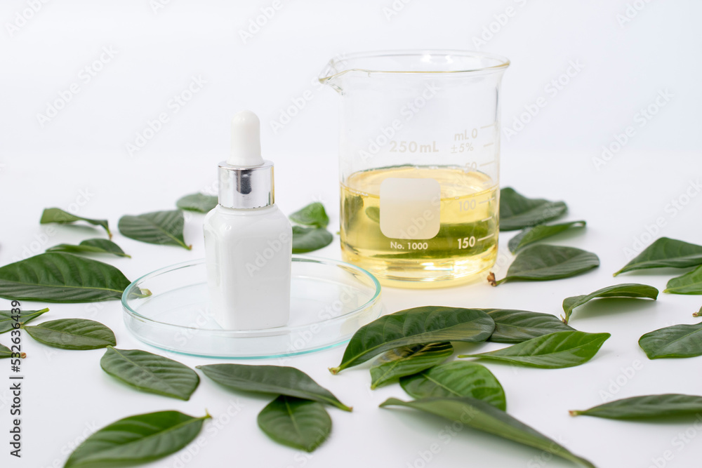 skincare blank bottle packaging or essential oil dropping with green leaves on white background natural concept skincare blank bottle packaging or essential oil dropping with green leaves on white background natural concept