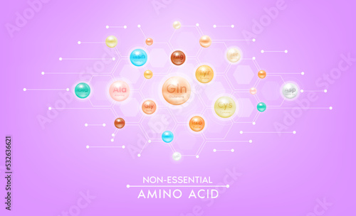 Non essential Amino acid for the body. Capsules vitamins minerals complex on pink background. Dietary supplement for pharmacy clinic ad banner design. Science medic concept. 3D Vector EPS10. photo