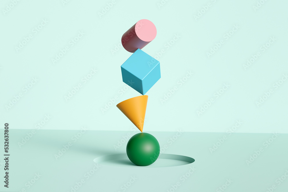 Colored geometric shapes balance concept background Stock Photo