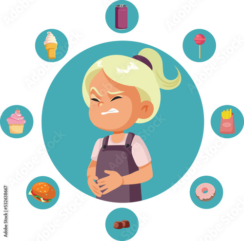 Sick Child Suffering from Indigestion After Eating Fast Food Illustration. Little girl having problems from overeating too many sweets
