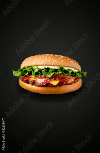 A burger is a piece of meat that is topped with vegetables and sandwiched by bread.