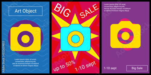 Trendy retro posters for organizing sales and other events. Large photo camera symbol in the center of each poster. Vector illustration on black background