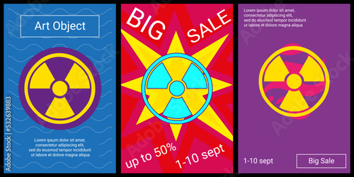 Trendy retro posters for organizing sales and other events. Large radiation symbol in the center of each poster. Vector illustration on black background