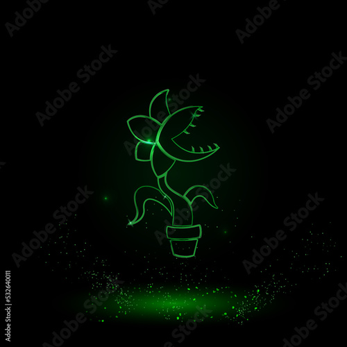 A large green outline carnivorous plant symbol on the center. Green Neon style. Neon color with shiny stars. Vector illustration on black background