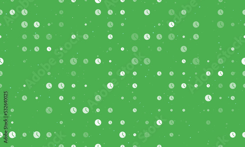Seamless background pattern of evenly spaced white time symbols of different sizes and opacity. Vector illustration on green background with stars
