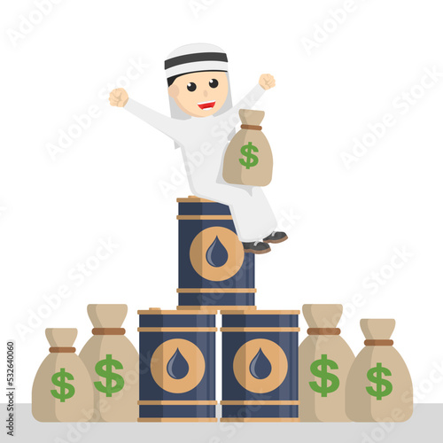 businessman arabian sitting in oil tank and money