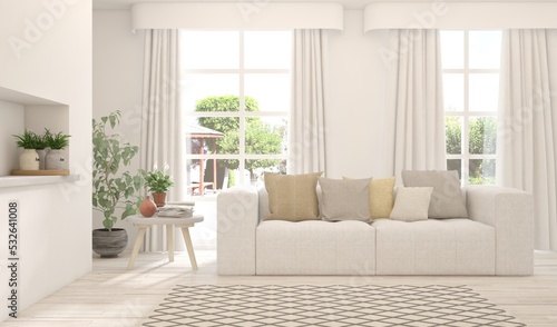 White living room with sofa and summer landscape in window. Scandinavian interior design. 3D illustration