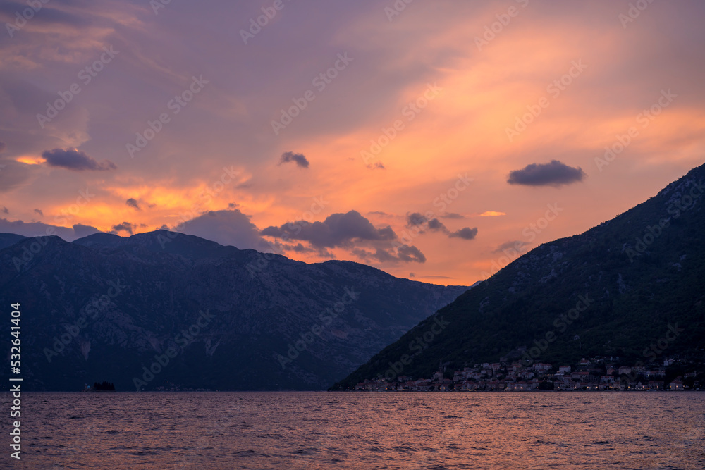 Landscape of mountains, sunset and sea Landscape of mountains, sunset and sea