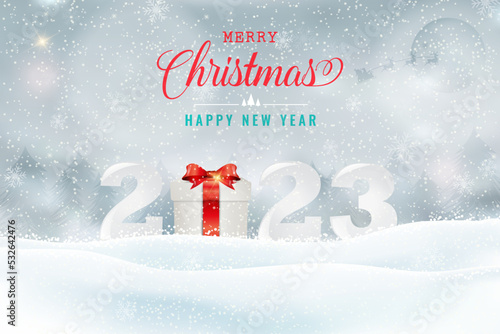 2023 Happy New Year and Christmas holiday background with present in snowy landscape. Winter 2023 year with gift box and snowflakes. Frozen Xmas and Happy New Year 2023 Greetings. Vector illustration