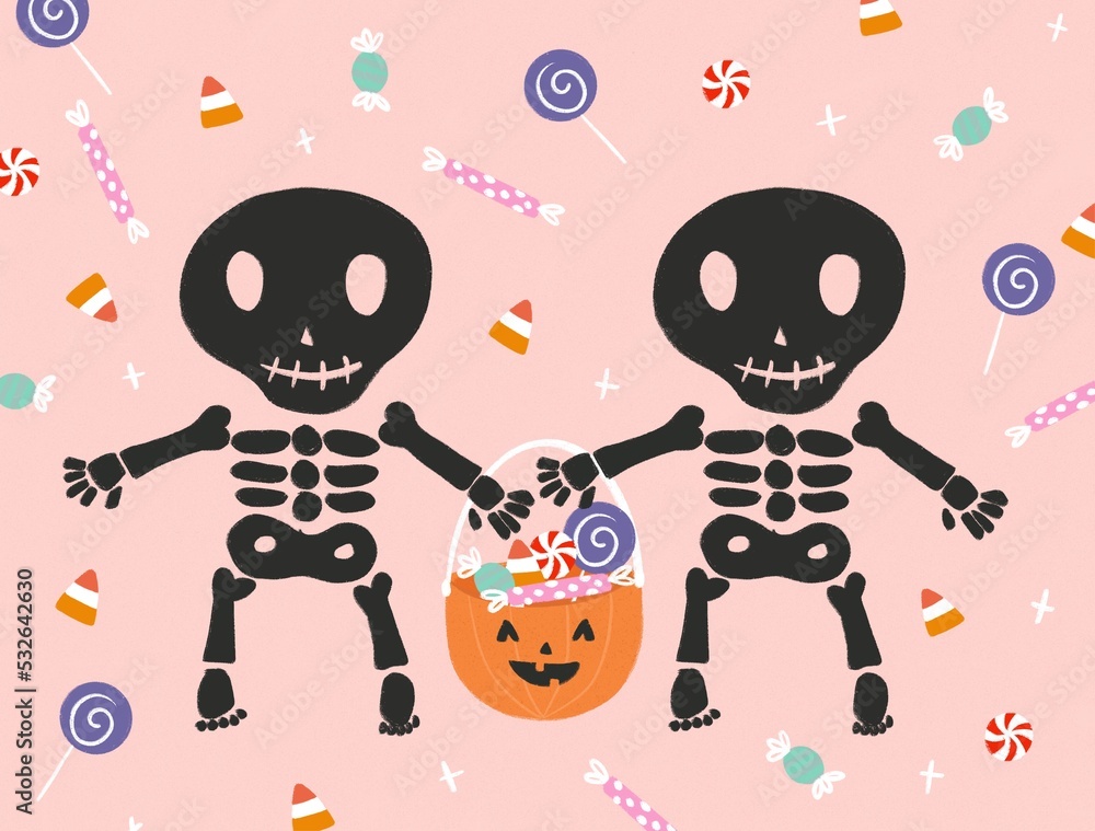 Skeletons collecting candy spooky Halloween illustration Skeletons collecting candy spooky Halloween illustration