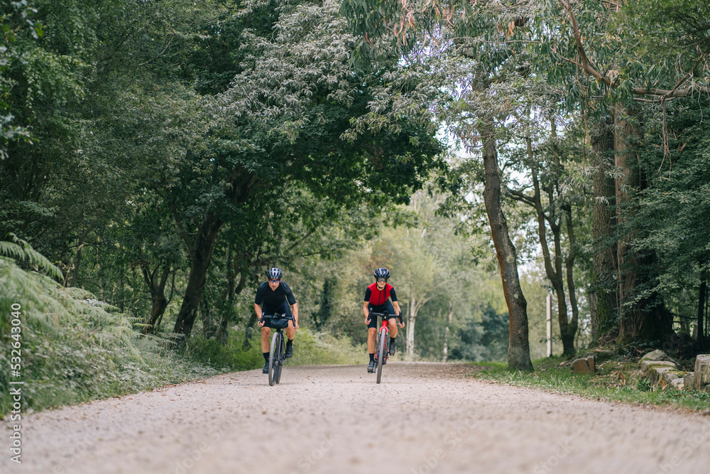 Cyclists riding on road in countryside Cyclists riding on road in countryside