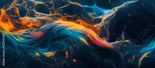 Spectacular image of blue and orange liquid ink churning together, with a realistic texture and great quality. Digital art 3D illustration. photo