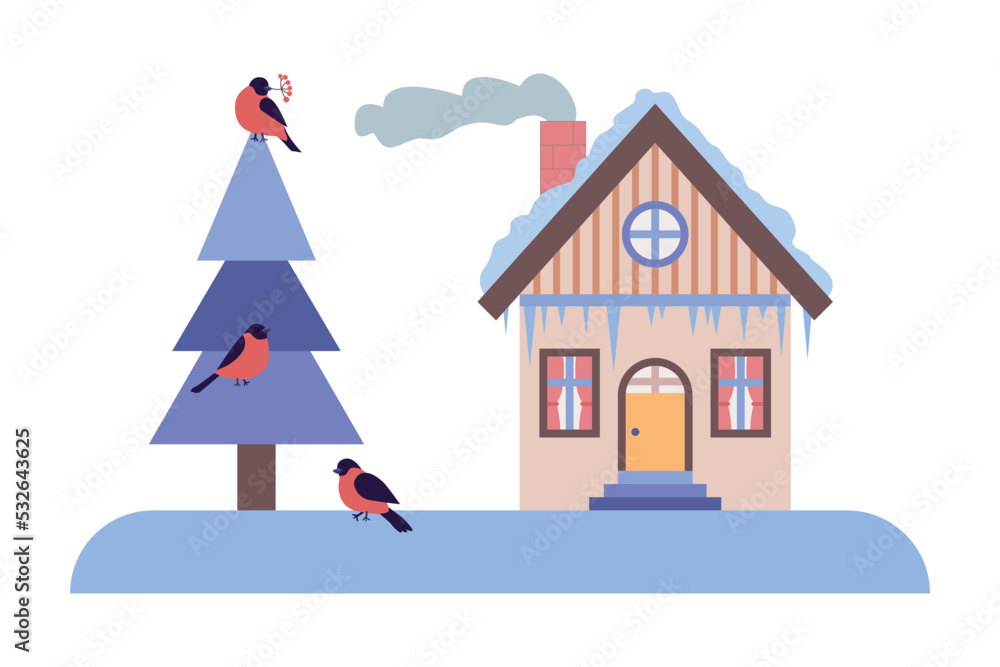 Winter landscape with a house and a Christmas tree in the yard