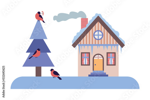 Winter landscape with a house and a Christmas tree in the yard © plaksik13