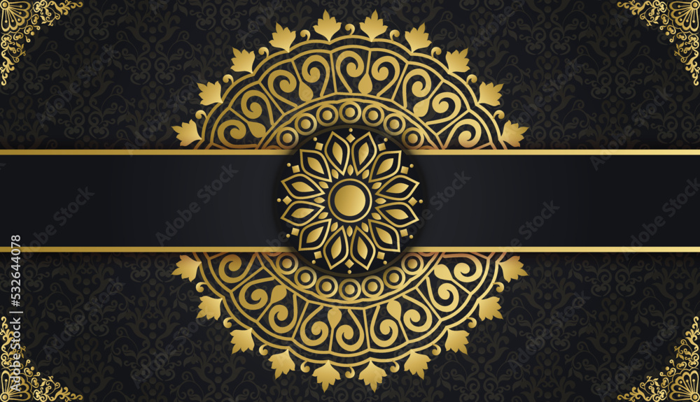 Beautiful luxury mandala design background in gold color. Decorative golden greeting card. Design for invitation, wedding card, Diwali, decoration. India, Indian, Arabic, Damask, Asian, Turkish