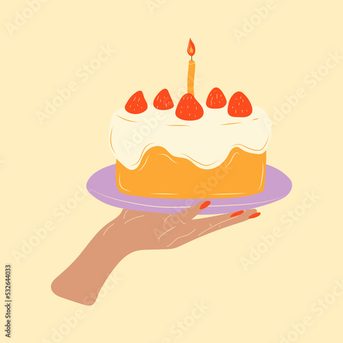 Hand holding a cake on a tray. Vector in cartoon style. All elements are isolated