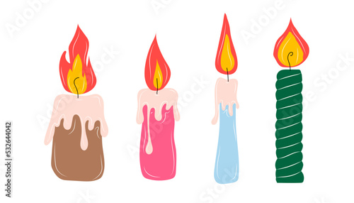 Set Burning wax or paraffin aromatic candles. Cute hygge home decoration, holiday decorative design element. Flat cartoon colorful