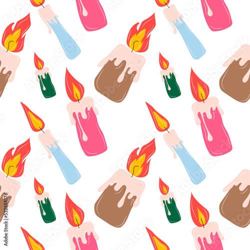 Seamless pattern with Set Burning wax or paraffin aromatic candles. Cute hygge home decoration, holiday decorative design element. Flat cartoon colorful