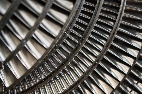 Metal blades of high-speed steam turbine in light workshop