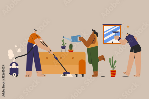 Three Persons Cleaning a Room Together
