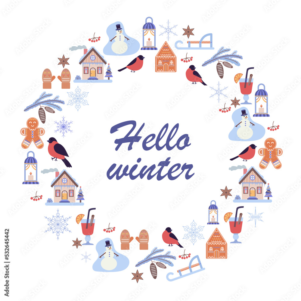 Round frame with winter elements Round frame with winter elements