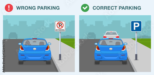 Outdoor parking rules and tips. "Parking area" and "no parking" sign meaning. Back view of correct and incorrect parked cars. Flat vector illustration template.