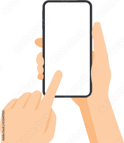 Hand holding smartphone device touching screen. Vector illustration flat style isolated on white background e-commerce application. Empty screen for mockup online mobile. Digital cell phone technology