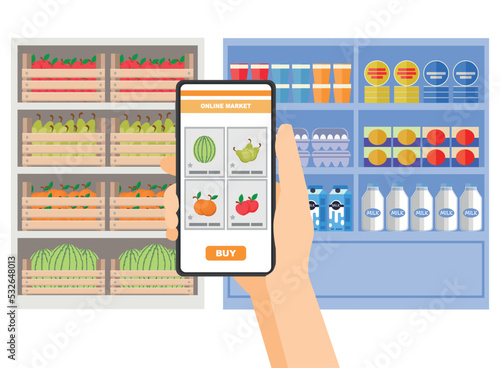 Supermarket concept web banner. Hand holding smartphone. Online market shopping in grocery store dairy products e-commerce application.  Vegetable food order. For buyer decision merchandising strategy