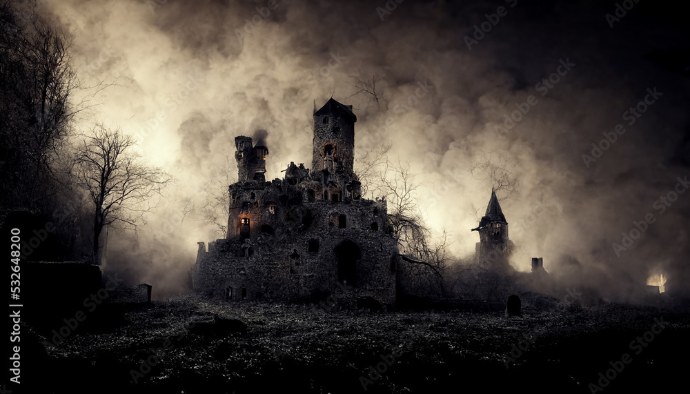 Fototapeta premium Digital art of a castle in a foggy Halloween night.