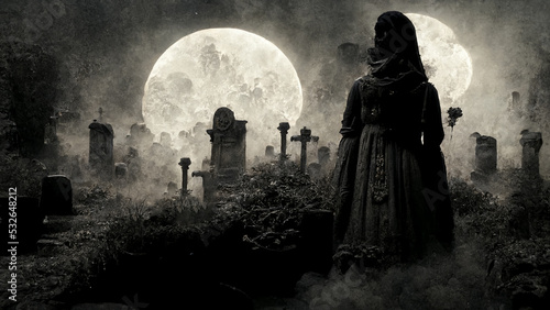 Scary ghost woman in haunted cemetery. Digital art